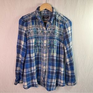 Johnny Was Workshop Women’s Blue Plaid Cotton Embroidered Blouse